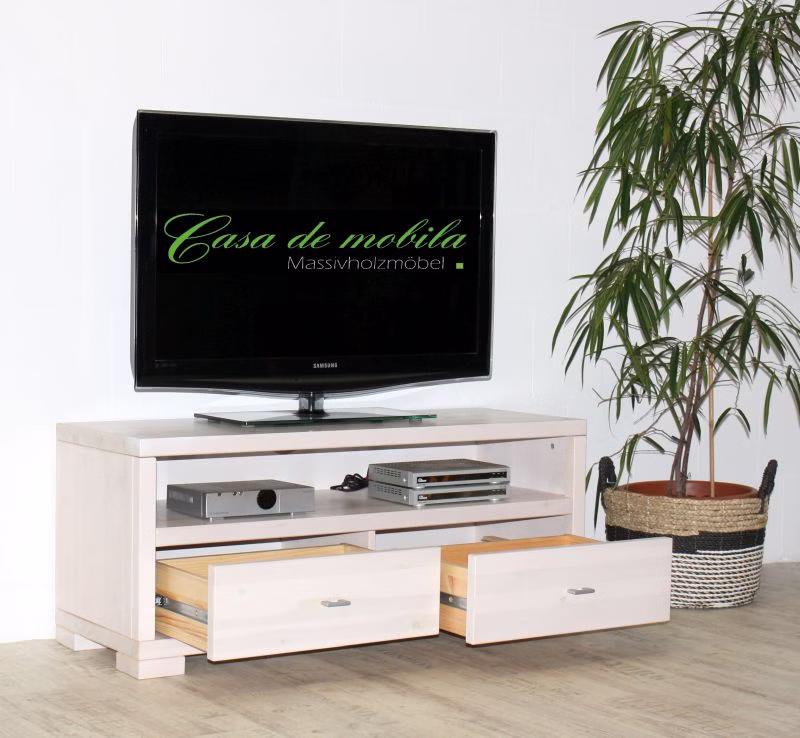 TV-Schrank mit 2 Schubfächern 120x51x43cm GULDBORG Kiefer massiv weiß lasiert TV-Schrank mit schubladen 120x51x43cm GULDBORG Kiefer massiv weiß lasiert Casa de mobila Goslar