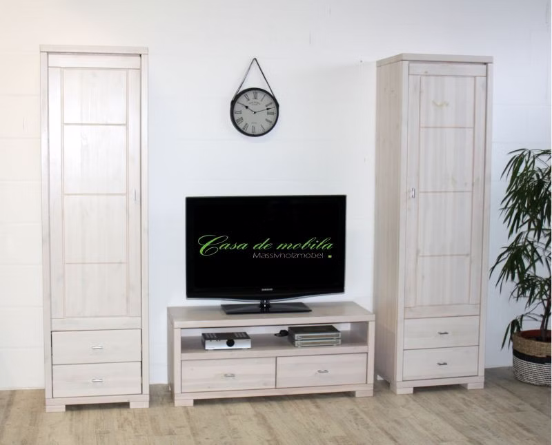 Wohnwand Kiefer weiß lasiert TV Kommode Hochschränke Massivholz TV-Möbel 120x51x43cm GULDBORG Kiefer massiv weiß lasiert Casa de mobila Goslar