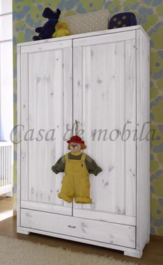 Massivholz Kleiderschrank niedrig 2türig GULDBORG 100x178x52cm Kiefer massiv weiß lasiert Casa de mobila Goslar