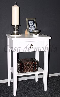 Massivholz Beistelltisch Konsolentisch Blumentisch weiss lackiert mit Ablage und Schublade