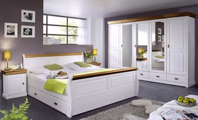 Landhaus Doppelbett mit schubladen 180x200cm und 2 Nachtkommode Kiefer massiv weiß honigfarben lackiert Casa de mobila Goslar Landhaus Doppelbett mit schubladen 180x200cm und 2 Nachtkommode Kiefer massiv weiß honigfarben lackiert Casa de mobila Goslar