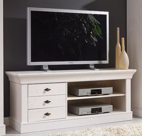 Massivholz TV-Lowboard mit schubladen 143x59x45cm BERGEN Kiefer massiv weiß lasiert casa de mobila goslar