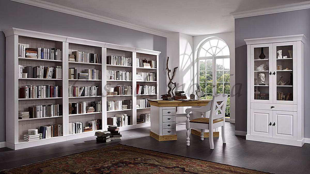 einrichtungsbeispiel Massivholz Büro-schreibtisch 143x77x65cm BERGEN Kiefer massiv 2farbig weiß / gelaugt geölt Casa de mobila Goslar