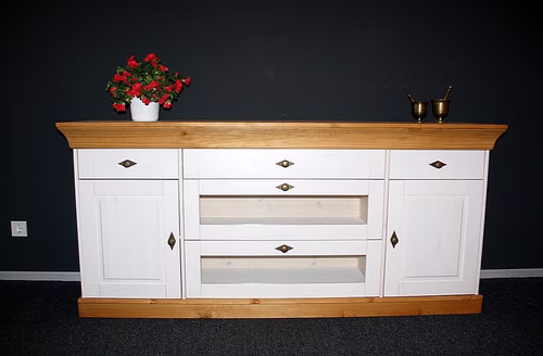Anrichte mit schubladen 185x85x45cm BERGEN Kiefer massiv Geschirrkommode mit glasschubladen BERGEN weiss gelaugt geölt Kiefer massiv Casa de mobila Goslar