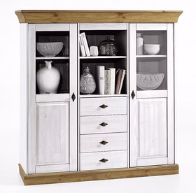 Esszimmer 10teilig Tisch 160x90 6 Stühle Highboard Sideboard Buffetschrank Kiefer massiv 2farbig weiß lasiert / gelaugt geölt Esszimmer 10teilig Tisch 160x90 6 Stühle Highboard Sideboard Buffetschrank Kiefer massiv 2farbig weiß lasiert / gelaugt geölt