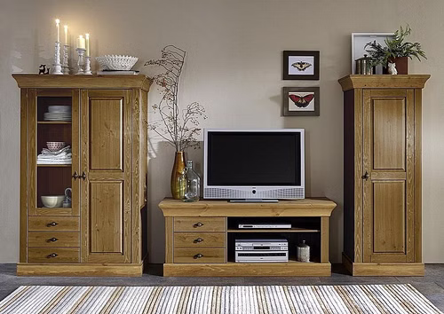 Wohnwand 3teilig 316x163x45cm BERGEN Kiefer massiv Anbauwand 3teilig 316x163x45cm BERGEN Kiefer massiv gelaugt geölt oder Bernsteinfarben lackiert Casa de mobila Goslar