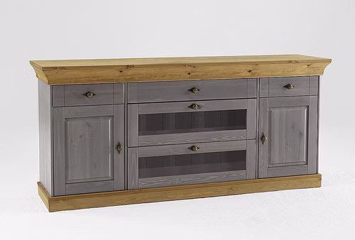 Anrichte mit glasschubladen 185x85x45cm BERGEN Kiefer massiv 2farbig grau / gelaugt geölt Casa de mobila Goslar