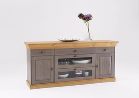 Anrichte mit glasschubladen 185x85x45cm BERGEN Kiefer massiv 2farbig grau / gelaugt geölt Casa de mobila Goslar