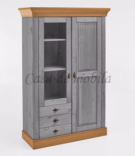 Geschirrschrank 1 glastuer, 1 holztuer, 3 schubladen 108x163x45cm BERGEN Kiefer grau lackiert gelaugt geölt Vitrinenschrank mit 3 schubladen BERGEN Kiefer massiv grau lackiert gelaugt geölt Casa de mobila Goslar