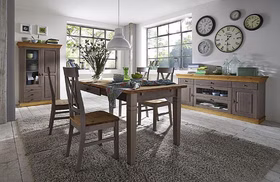 Geschirrschrank 108x163x45cm BERGEN Kiefer grau lackiert gelaugt geölt Esszimmer-schrank mit 3 schubladen und glastür BERGEN Kiefernholz massiv grau lackiert gelaugt geölt Casa de mobila Goslar