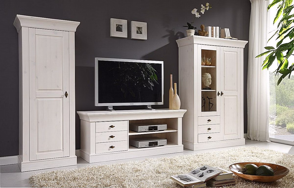 Massivholz Wohnwand Set 3teilig 316x163x45cm BERGEN Kiefer massiv weiß lasiert Casa de mobila Goslar