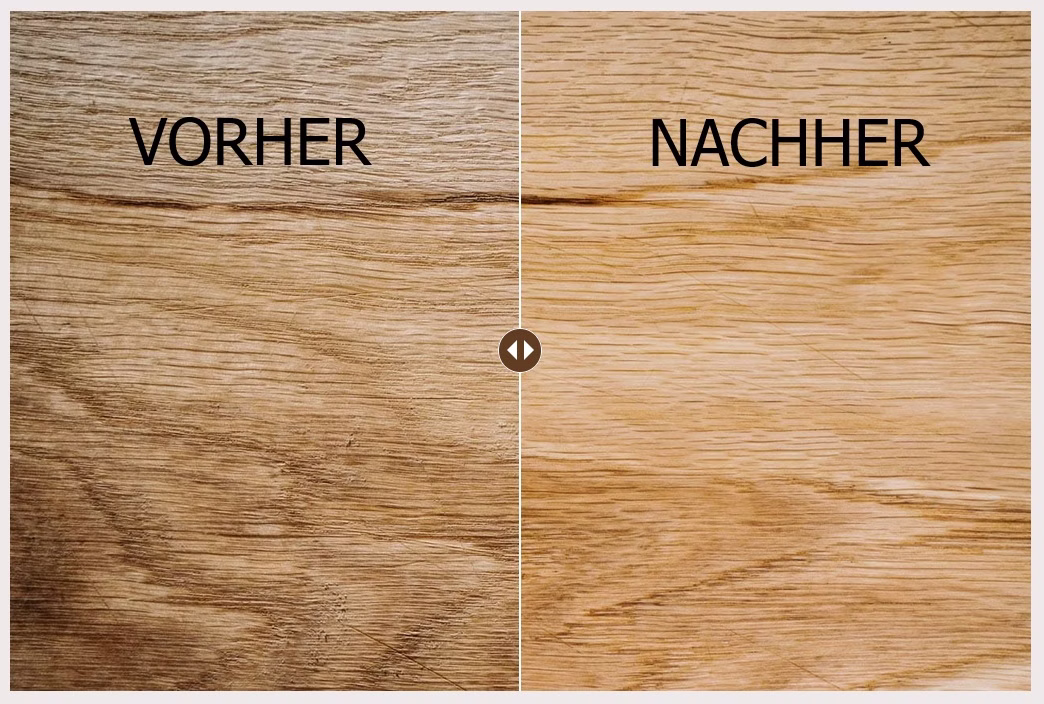 Renuwell Holz-Butter 250 ml Holzoberfläche vor und nach der Pflege mit Renuwell Holzbutter – links matt und gräulich, rechts mit wärmerem Holzton und betonter Maserung.