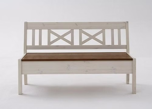 Truhenbank 148x93x46cm ohne Armlehne Kiefer massiv 2farbig weiß lasiert / bernstein lackiert Truhenbank 148x93x46cm ohne Armlehne Kiefer massiv 2farbig weiß lasiert / bernstein lackiert