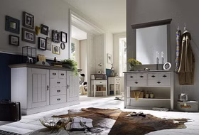 Massivholz Garderobentisch klein mit Ablage und schubladen 58x87x35cm BERGEN Kiefer massiv 2-farbig weiß grau Casa de mobila Goslar Massivholz Garderobentisch klein mit Ablage und schubladen 58x87x35cm BERGEN Kiefer massiv 2-farbig weiß grau Casa de mobila Goslar
