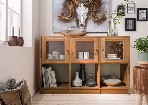 Geschirrregal mit 3 Glastüren GRIT 136x87x34cm Wildeiche massiv geölt Casa de mobila Goslar