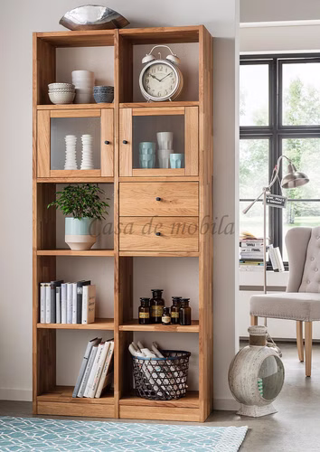 Bücherregal, 2 Glastüren, 2 schubladen Grit 92x202x34cm Wildeiche massiv natur geölt Casademobila Goslar