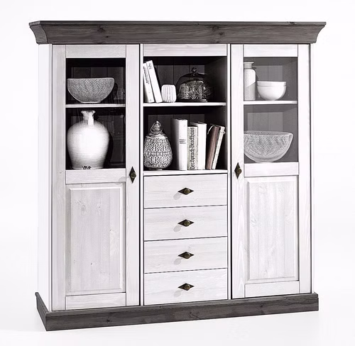 Highboard breit 143x145x45cm BERGEN Kiefer massiv weiß / grau lackiert Highboard mit 4 schubladen und 2 glastüren BERGEN Kiefernholz massiv weiß / grau lackiert Casa de mobila Goslar