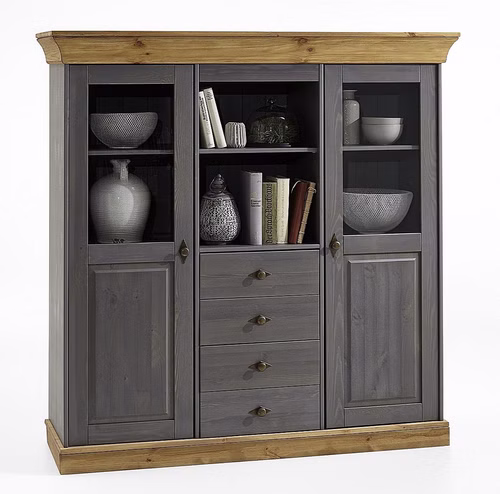 Highboard breit 143x145x45cm BERGEN Kiefer massiv grau / gelaugt geölt Highboard breit mit 4 schubladen und 2 Glastüren BERGEN Kiefer massiv grau lackiert / gelaugt geölt Casa de mobila Goslar