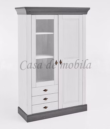 Vitrinenschrank 108x163x45cm BERGEN Kiefer massiv weiß / grau lackiert Vitrinenschrank mit 3 schubladen 108x163x45cm BERGEN Kiefer massiv 2farbig weiß / grau lasiert Casa de mobila Goslar