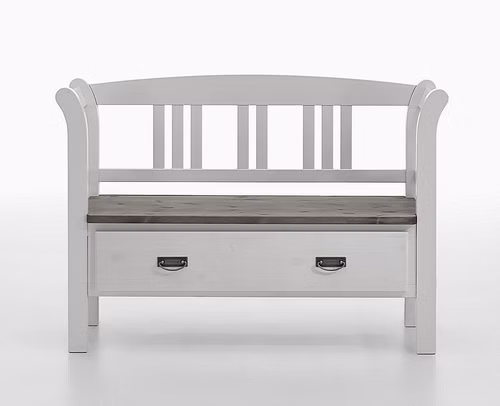 Dielenbank mit lehne und schubladen 127x87x42cm FJORD Kiefer massiv 2farbig weiß / grau lasiert Casa de mobila Goslar