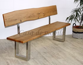 Sitzbank mit Lehne 200x92x49 cm Zingst Wildeiche massiv geölt Baumkante Metallfuß U Casa de mobila Goslar