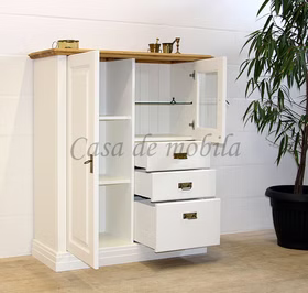 geschirrschrank mit glastür und schubladen Nordic Home landhaus 111x133x45cm Kiefer massiv weiß lackiert / Wildeiche massiv geölt bei Casademobila Goslar