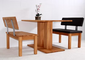Sitzbank 120x83x53cm TREVA mit Holzlehne Massivholz Massivholz Speisezimmer Esstisch Holzbank mit Lehne Polsterbank Leder TREVA Kernbuche natur geölt Wimmer Casa de Mobila