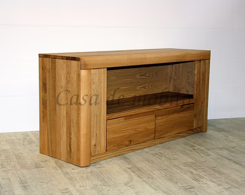 Massivholz TV-Kommode Hoch HORIZONT 128x62x40cm Wildeiche massiv natur geölt runde Kante Casa de mobila Goslar