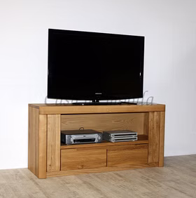 Massivholz Fernsehtisch hoch HORIZONT 128x62x40cm Wildeiche massiv natur geölt runde Kante Casa de mobila Goslar