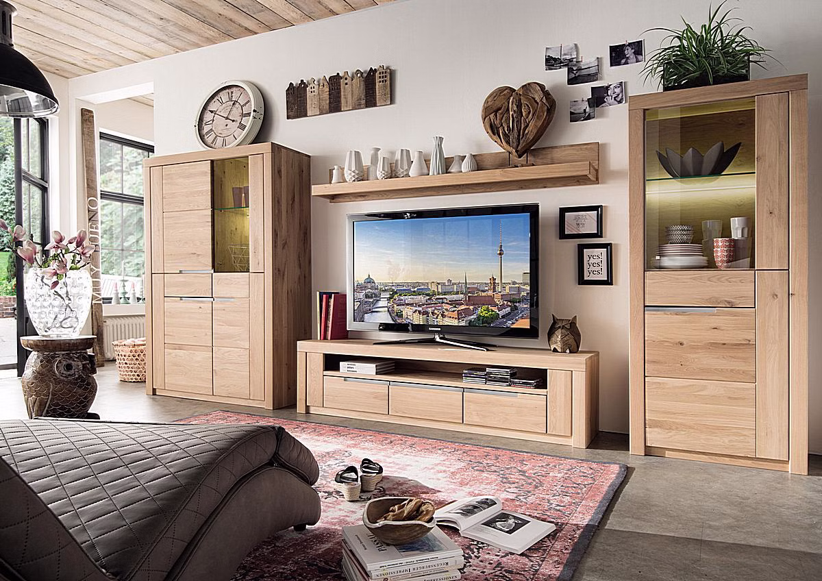 Anbauwand 4-teilig HORIZONT 359x170x40cm Wildeiche massiv bianco geölt Casa de mobila Goslar