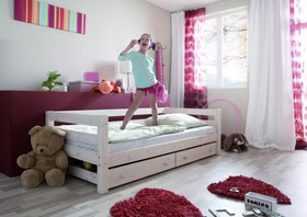 Massivholz Kinderbett mit Schubladen 90x200cm INFANSKIDS Kiefer massiv weiß lasiert Casa de mobila Goslar