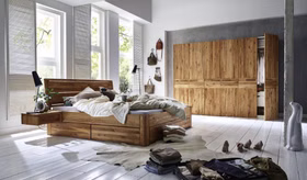 Massivholzbett mit 3 Schubladen 180x200 54 cm Eiche geölt Kopfteil 2-geteilt mit Rahmen Massivholzbett mit 3 Schubladen 180x200 54 cm Eiche geölt Kopfteil 2-geteilt mit Rahmen