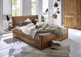 Schubladenbett Easy Sleep 200x200x54cm Eiche massiv geölt Doppelbett mit 3 Schubladen 200x200x54 cm Eiche massiv geölt Kopfteil 2-geteilt mit Rahmen Casa de mobila Goslar