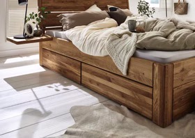 Schubladenbett Easy Sleep 200x200x54cm Eiche massiv geölt Doppelbett mit 3 Schubladen Easy Sleep 200x200x54 cm Eiche massiv natur geölt Kopfteil 2-geteilt mit Rahmen Casa de mobila Goslar