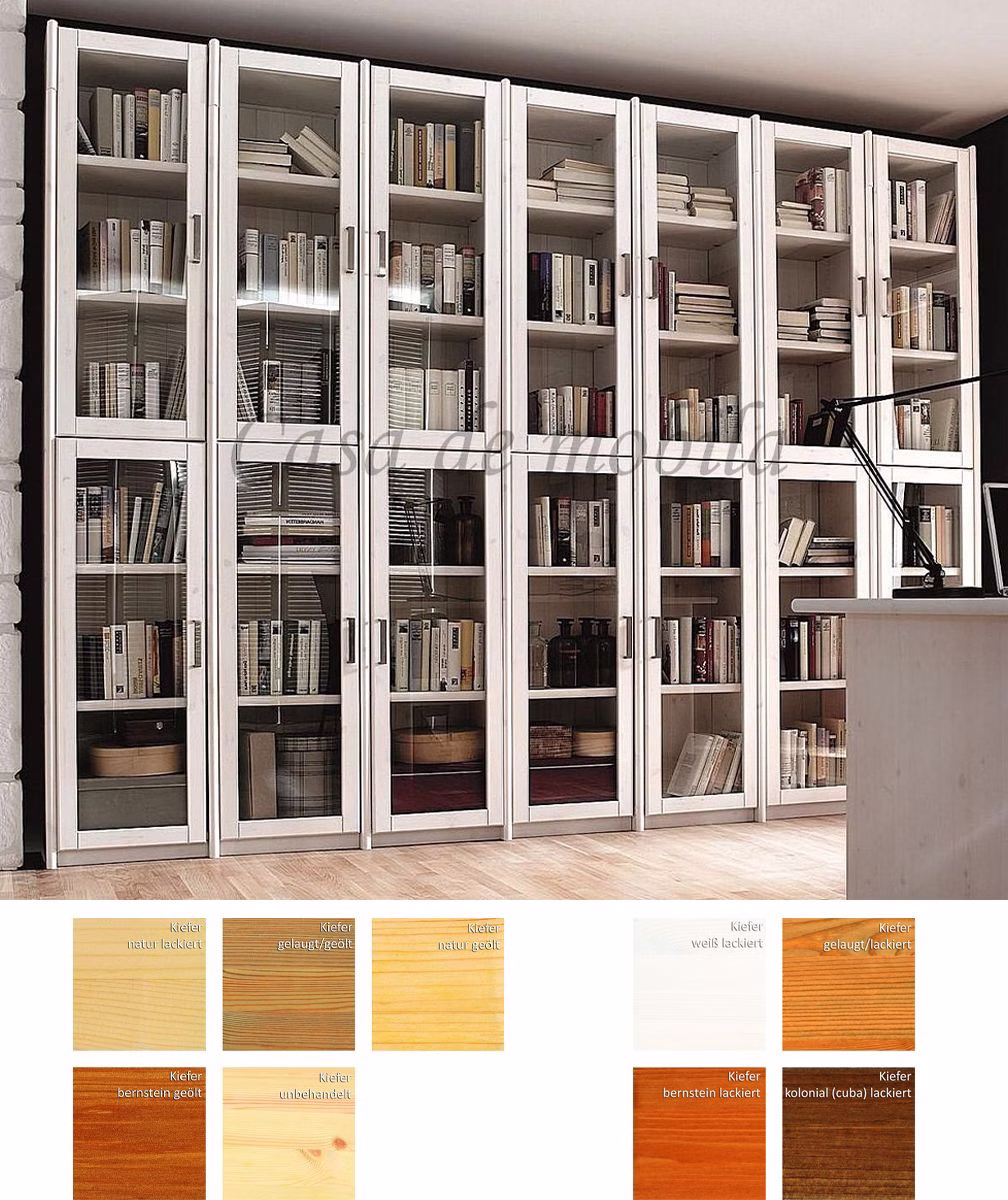 Massivholz Bücherschrank mit glastüren CONTRA 315x236x33cm Kiefer massiv weiss,natur lackiert,gelaugt geölt,Dunkelbraun kolonial Casa de mobila Goslar