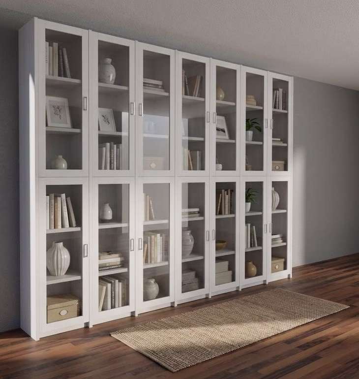 Massivholz Bücherschrank mit glastüren CONTRA 315x236x33cm Kiefer massiv weiss lackiert Casa de mobila Goslar