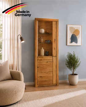 Vitrine-horizont-wildeiche-massiv-natur-geölt-made-in-germany Vitrine HORIZONT aus massiver Wildeiche natur geölt mit Glastür und Schublade – Made in Germany
