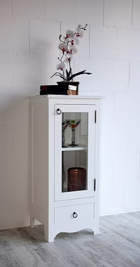 Kommode mit Glastür 43x100x37cm AQUA Pappel weiß lackiert massivholz badschrank schmal arte povera mit glastür und schublade weiss Casa de mobila Goslar