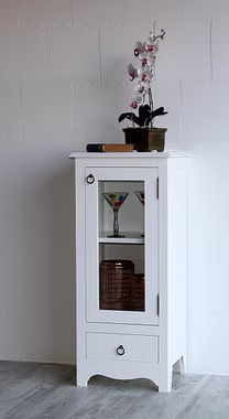 Kommode mit Glastür 43x100x37cm AQUA Pappel weiß lackiert massivholz kommode schmal mit glastür und schublade weiss arte povera Casa de mobila Goslar
