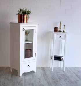 Kommode mit Glastür 43x100x37cm AQUA Pappel weiß lackiert Schmale Dielenkommode mit glastür und schublade weiss arte povera Casa de mobila Goslar
