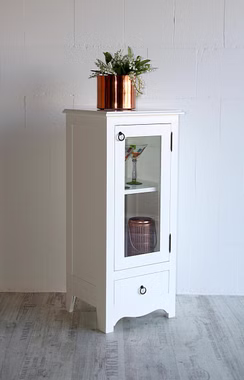 Kommode mit Glastür 43x100x37cm AQUA Pappel weiß lackiert Schmale schrank mit glastür und schublade weiss arte povera Casa de mobila Goslar