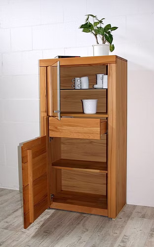 Geschirrschrank mit glastür halbhoch 71x137x40cm HORIZONT links Kernbuche massiv natur geölt Casa de mobila Goslar