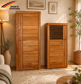 wonhzimmer-set-2-teilig-horizont-kernbuche-massiv 2-teiliges Wohnzimmer-Set HORIZONT aus massiver Kernbuche mit Vitrinenschrank und Highboard – Made in Germany