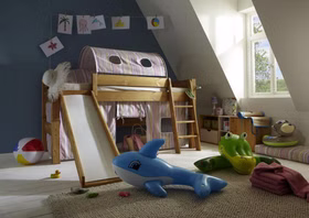 Massivholz Spielbett TOBYKIDS 210x110x122cm halbhoch mit Rutsche Kiefernholz massiv natur lackiert Casa de mobila Goslar