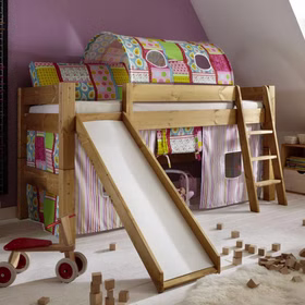 Bett halbhoch 210x110x230cm mit Schrägleiter Rutsche Tunnelzelt und Vorhang Kiefer massiv Bett halbhoch 210x110x230cm mit Schrägleiter Rutsche Tunnelzelt und Vorhang Kiefer massiv