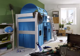 Bett mittelhoch 210x140x128cm mit Schrägleiter Tunnelzelt Vorhang und Tasche Kiefer massiv weiß lasiert Bett mittelhoch 210x140x128cm mit Schrägleiter Tunnelzelt Vorhang und Tasche Kiefer massiv weiß lasiert