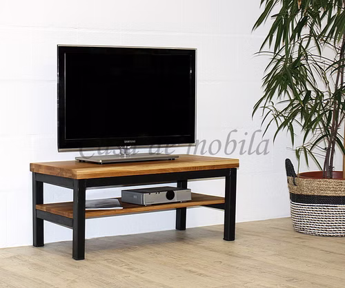 Dielenbank mit Ablage 90x39x45cm BREST Asteiche massiv rustikal Eisen Vintage schwarz Casademobila Goslar