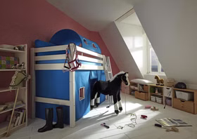 Bett 210x140x128cm Schrägleiter Tunnelzelt Vorhang Kiefer weiß lasiert Bett 210x140x128cm Schrägleiter Tunnelzelt Vorhang Kiefer weiß lasiert
