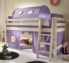 Bett halbhoch 210x117x123cm mit Schrägleiter Tunnelzelt und Vorhang Kiefer massiv weiß lasiert Bett halbhoch 210x117x123cm mit Schrägleiter Tunnelzelt und Vorhang Kiefer massiv weiß lasiert