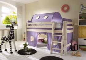 Bett halbhoch 210x117x123cm mit Schrägleiter Tunnelzelt und Vorhang Kiefer massiv weiß lasiert Bett halbhoch 210x117x123cm mit Schrägleiter Tunnelzelt und Vorhang Kiefer massiv weiß lasiert